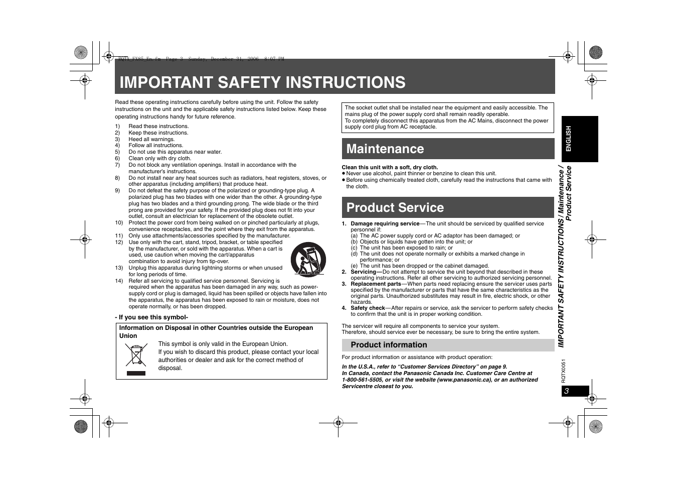 Important safety instructions, Maintenance, Product service | Maintenance product service | Panasonic SH-FX85 User Manual | Page 3 / 12