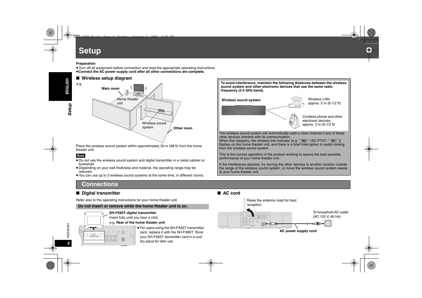 Setup, Ac in, Connections | Panasonic SH-FX85 User Manual | Page 4 / 12