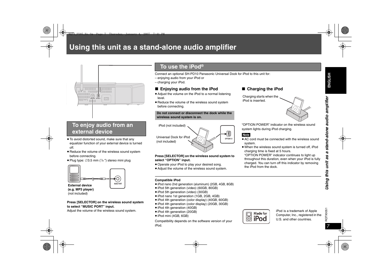 Using this unit as a stand-alone audio amplifier | Panasonic SH-FX85 User Manual | Page 7 / 12