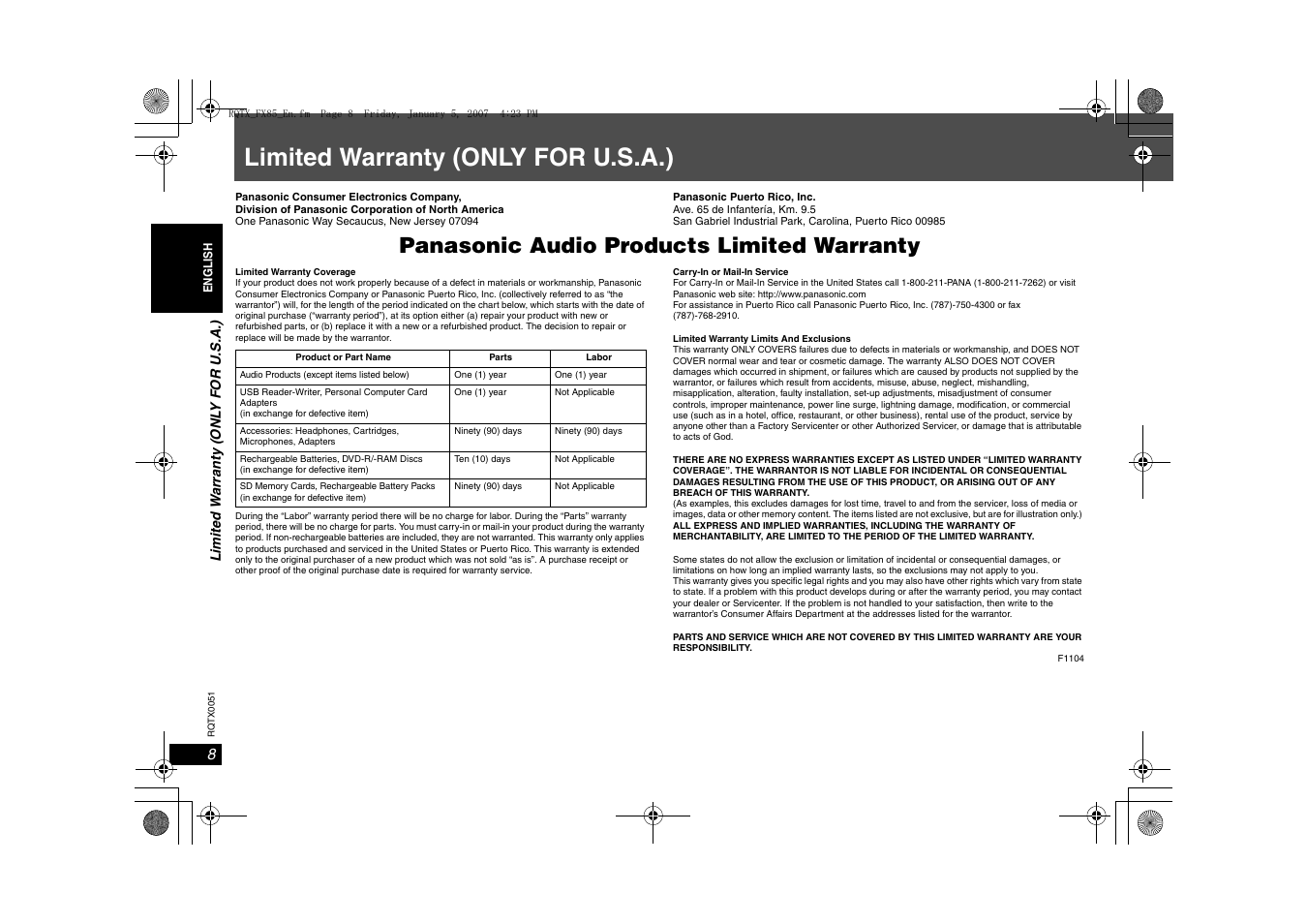 Reference, Limited warranty (only for u.s.a.), Panasonic audio products limited warranty | Panasonic SH-FX85 User Manual | Page 8 / 12