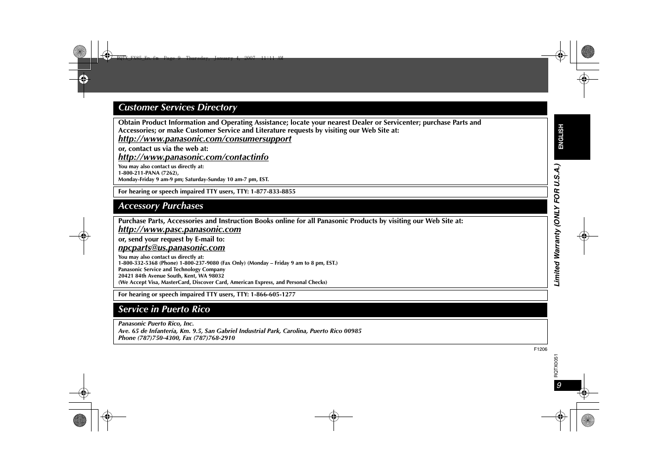 Customer services directory, Accessory purchases, Service in puerto rico | Panasonic SH-FX85 User Manual | Page 9 / 12