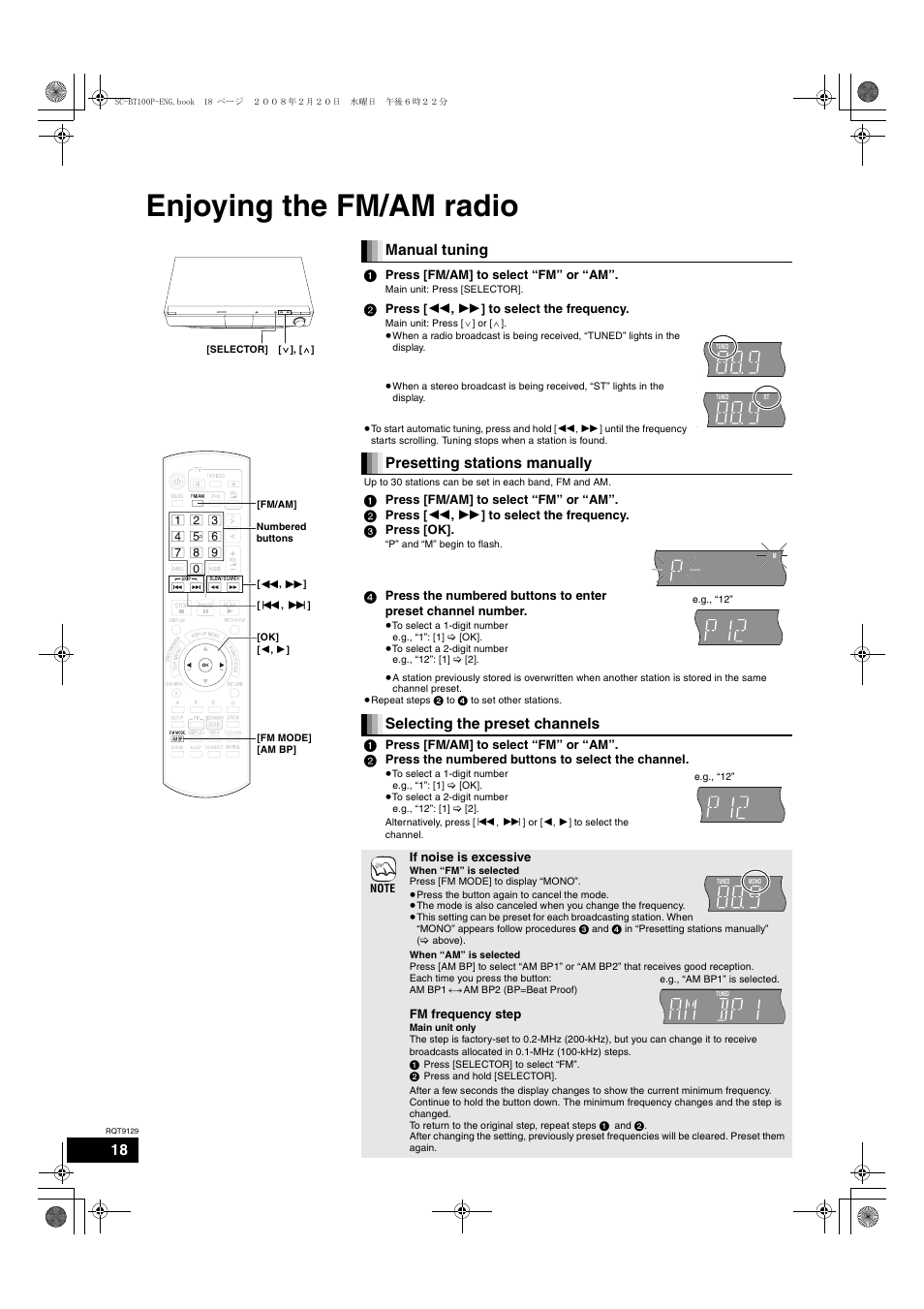 Enjoying the fm/am radio, Manual tuning, Presetting stations manually | Selecting the preset channels | Panasonic SC-BT100 User Manual | Page 18 / 48