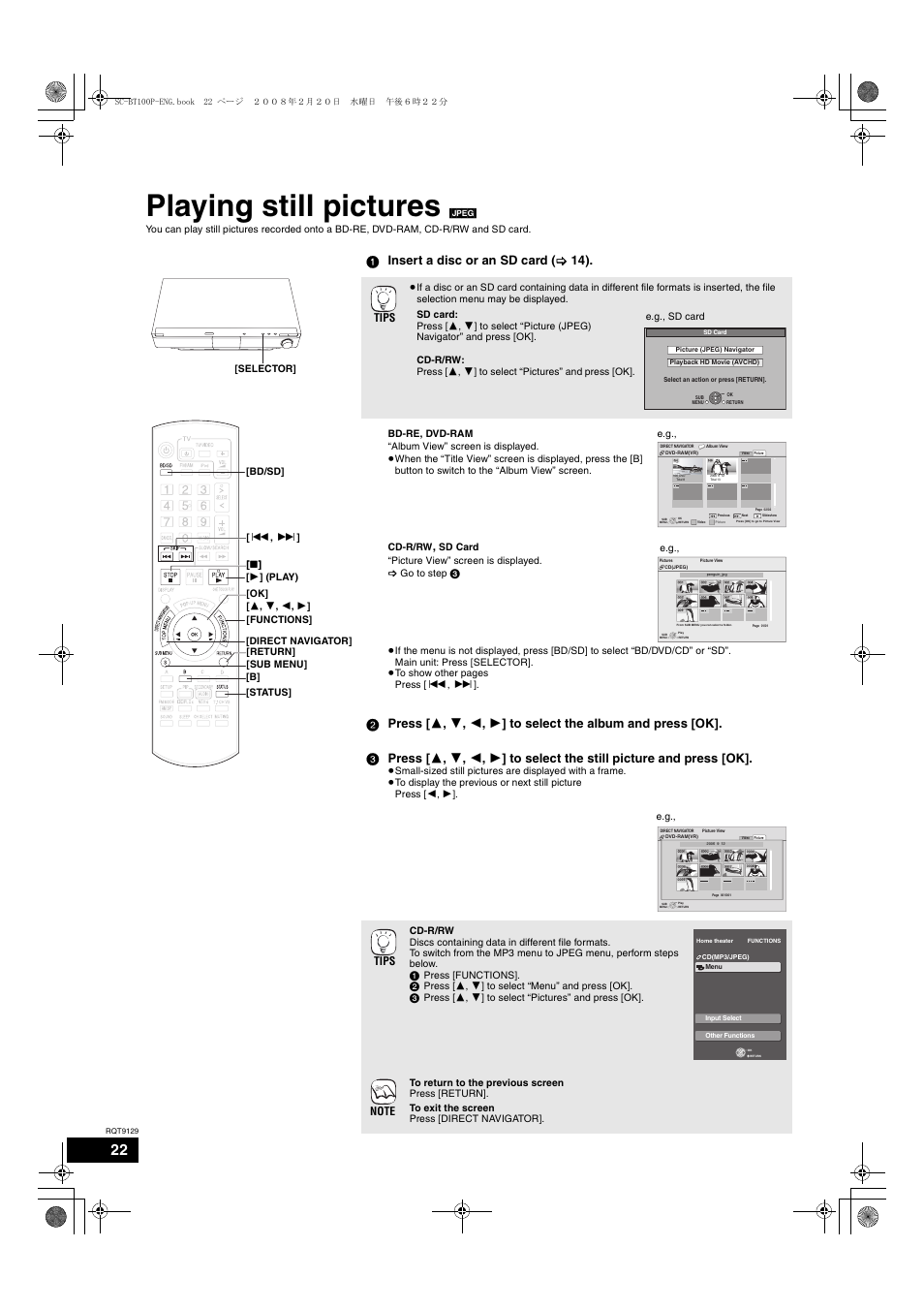 Advanced operations, Playing still pictures, 1 insert a disc or an sd card ( > 14) | Tips | Panasonic SC-BT100 User Manual | Page 22 / 48