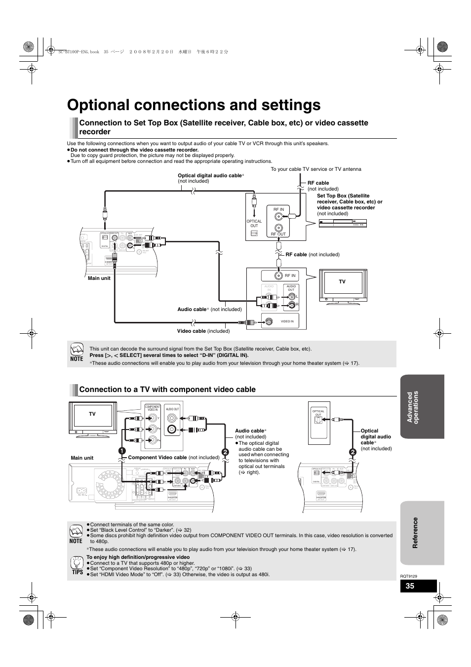 Reference, Optional connections and settings, Connection to a tv with component video cable | Not included) main unit audio cable, Not included) | Panasonic SC-BT100 User Manual | Page 35 / 48