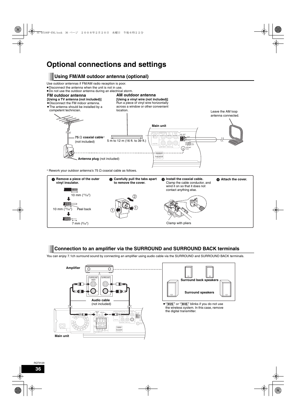 Optional connections and settings, Am outdoor antenna, Fm outdoor antenna | Leave the am loop antenna connected, Z) 10 mm, Z) peel back 7 mm, Z) clamp with pliers | Panasonic SC-BT100 User Manual | Page 36 / 48