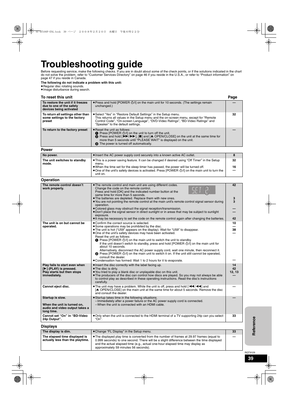 Troubleshooting guide | Panasonic SC-BT100 User Manual | Page 39 / 48