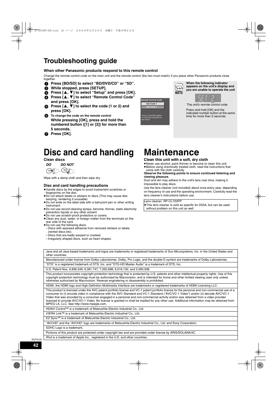 Disc and card handling, Maintenance, Troubleshooting guide | Panasonic SC-BT100 User Manual | Page 42 / 48