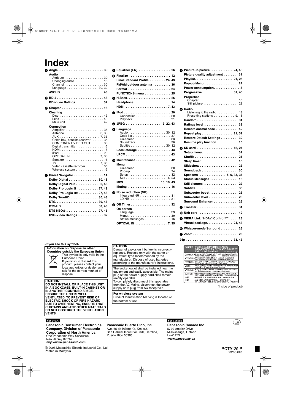 Index | Panasonic SC-BT100 User Manual | Page 48 / 48