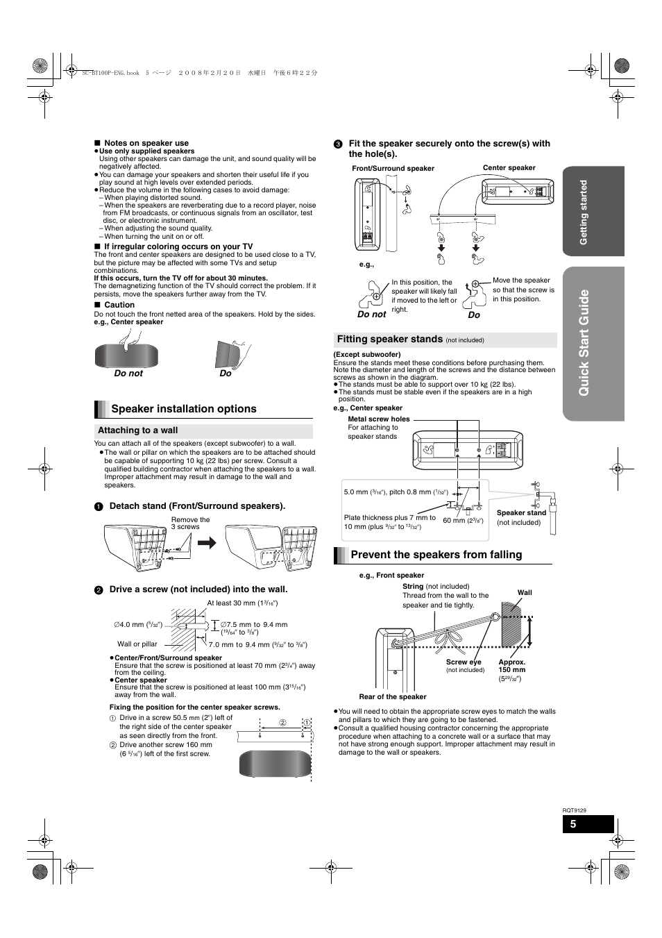 Quick start guide, Speaker installation options, Prevent the speakers from falling | Fitting speaker stands | Panasonic SC-BT100 User Manual | Page 5 / 48