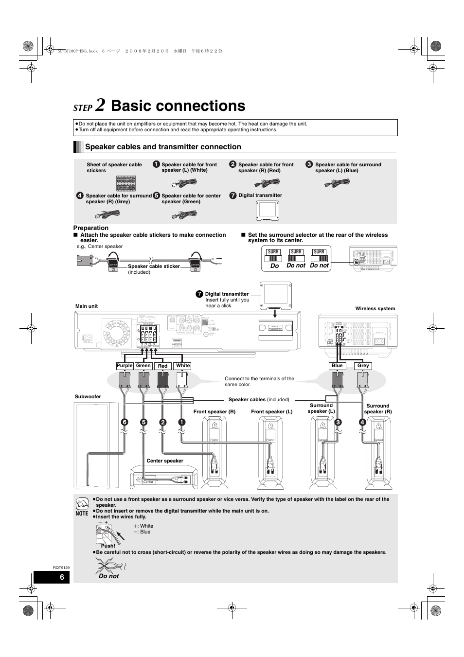 Basic connections, Step, Speaker cables and transmitter connection | Preparation, Do do not do not, Do not | Panasonic SC-BT100 User Manual | Page 6 / 48