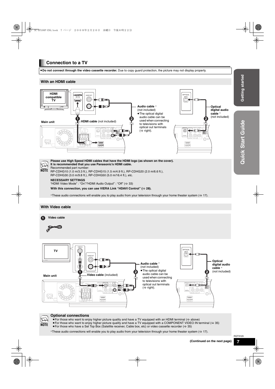 Quick start guide, Connection to a tv, With an hdmi cable | With video cable optional connections, Ge tti ng s ta rte d, Continued on the next page), Main unit hdmi compatible tv audio cable, Not included), Video cable, Main unit video cable (included) tv audio cable | Panasonic SC-BT100 User Manual | Page 7 / 48