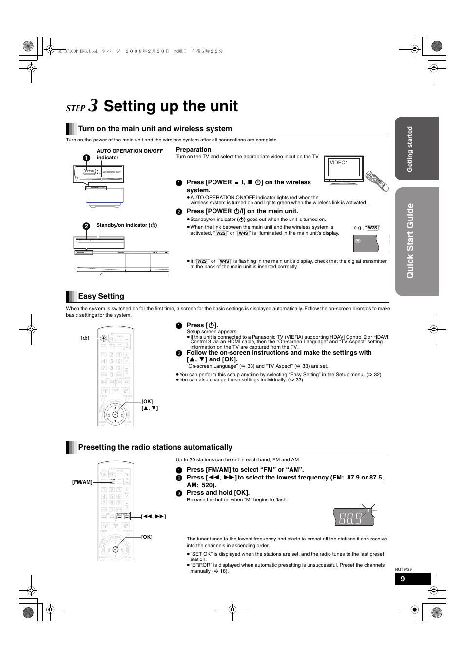 Setting up the unit, Step, Quick start guide | Turn on the main unit and wireless system, Easy setting, Presetting the radio stations automatically | Panasonic SC-BT100 User Manual | Page 9 / 48