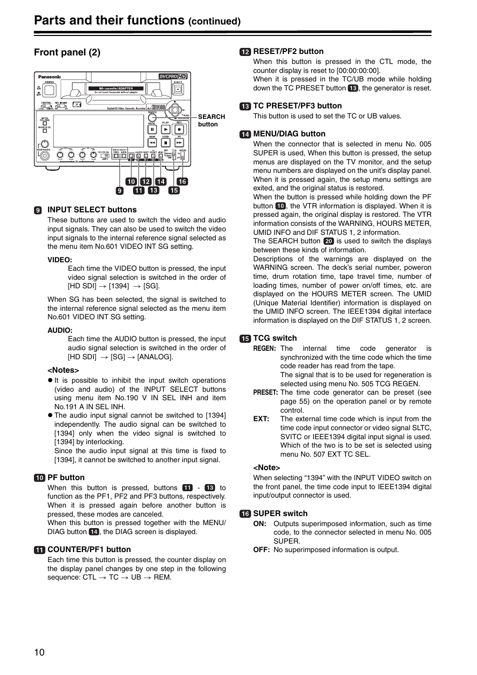 Front panel (2), Parts and their functions, Continued) front panel (2) | Panasonic AJ-HD1400E User Manual | Page 10 / 68