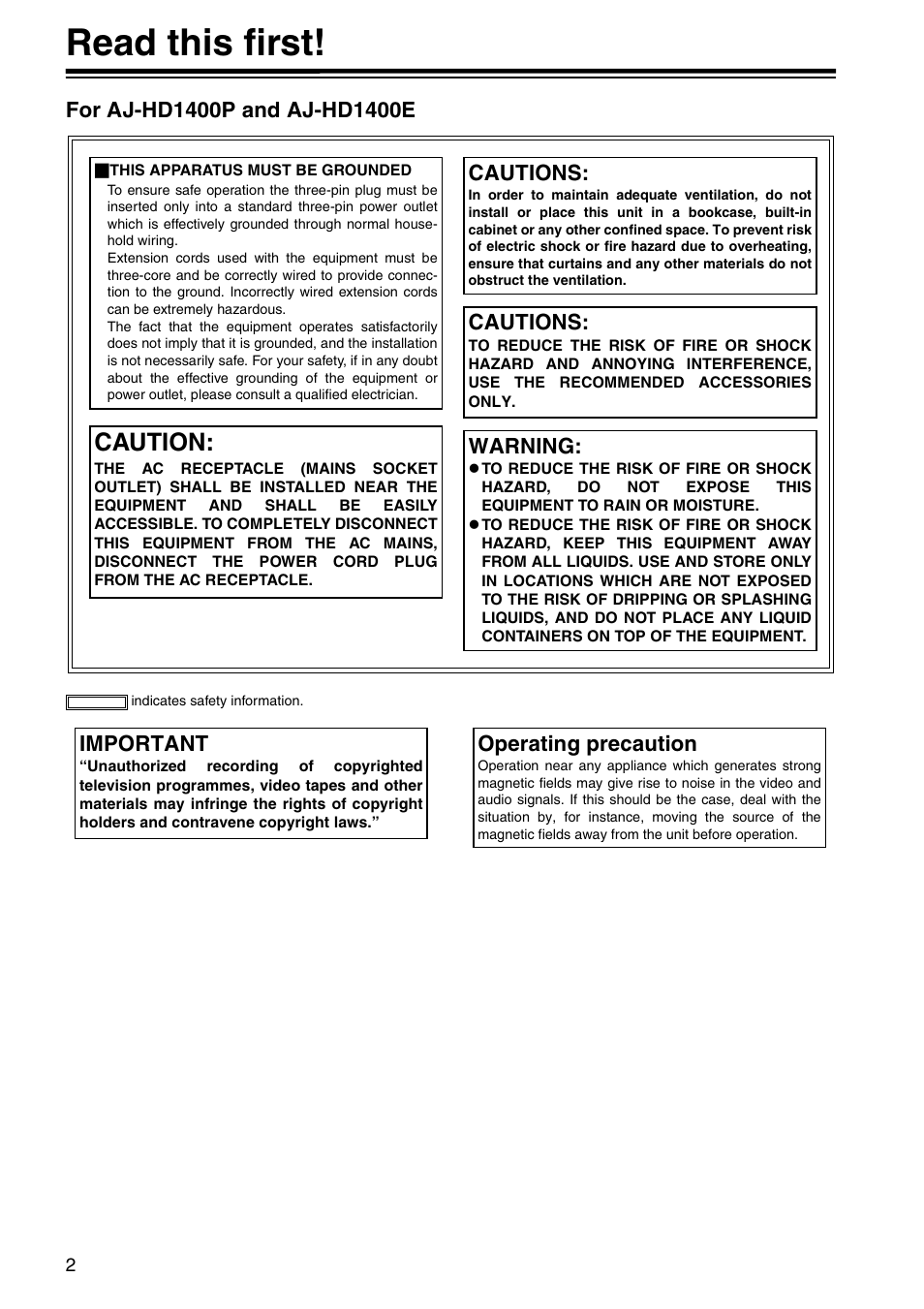 Read this first, Caution | Panasonic AJ-HD1400E User Manual | Page 2 / 68