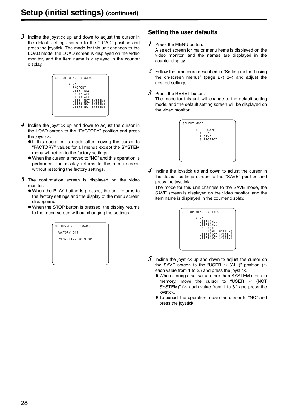 Setting the user defaults, Setup (initial settings), Continued) | Panasonic AJ-HD1400E User Manual | Page 28 / 68