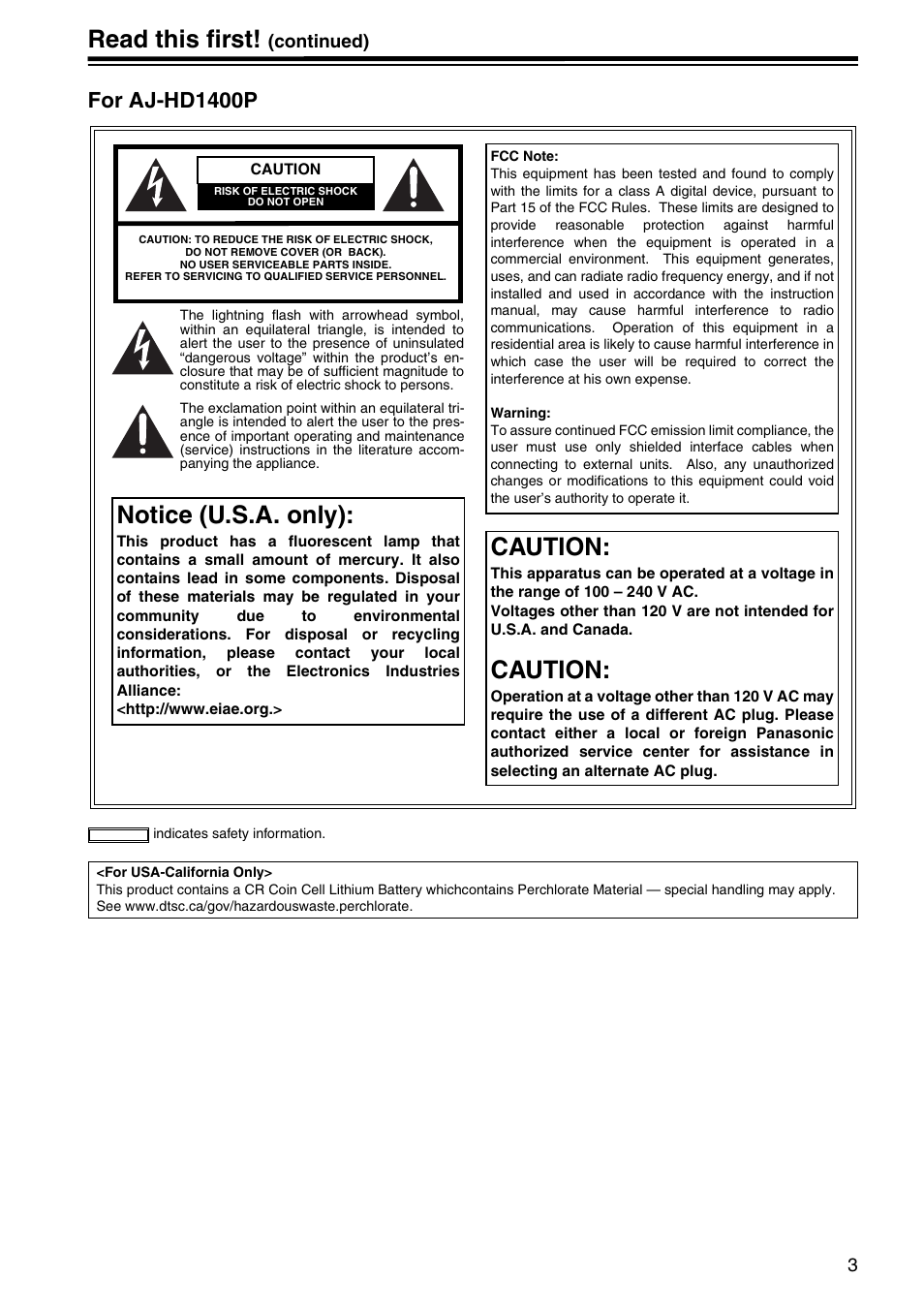 Read this first, Notice (u.s.a. only), Caution | For aj-hd1400p | Panasonic AJ-HD1400E User Manual | Page 3 / 68