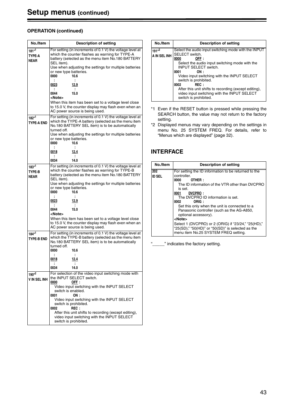 Interface, Setup menus, Continued) | Panasonic AJ-HD1400E User Manual | Page 43 / 68