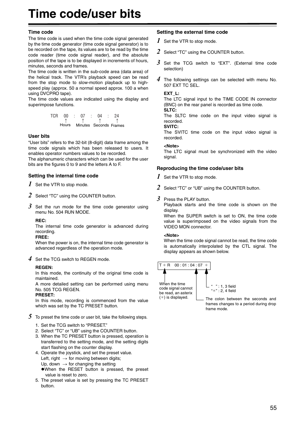 Time code/user bits | Panasonic AJ-HD1400E User Manual | Page 55 / 68