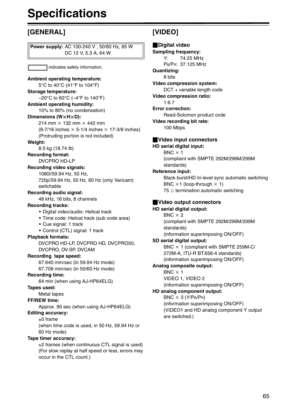 Specifications, General, Video | Panasonic AJ-HD1400E User Manual | Page 65 / 68