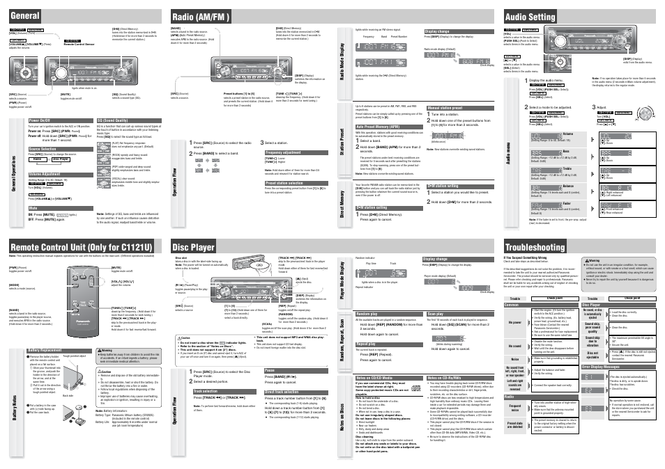 Pwr clock vol, Pwr clock vo l, General | Radio (am/fm ), Audio setting, Remote control unit (only for c1121u), Disc player, Troubleshooting | Panasonic CQ-C1001U User Manual | Page 2 / 2