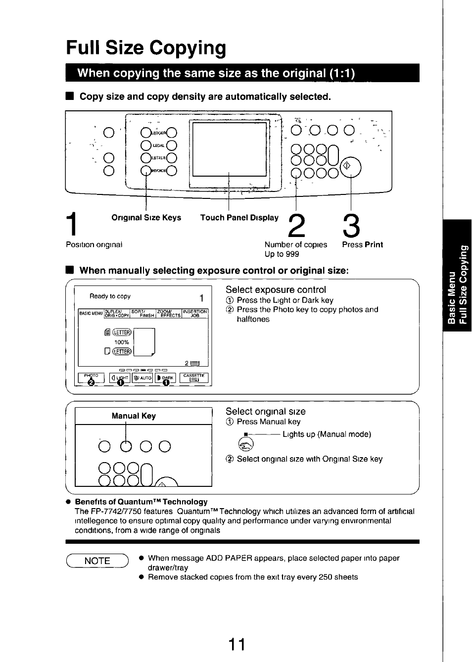 Full size copying, When copying the same size as the original (1:1), Select exposure control | Select original size, O ooon | Panasonic FP7750 User Manual | Page 11 / 64