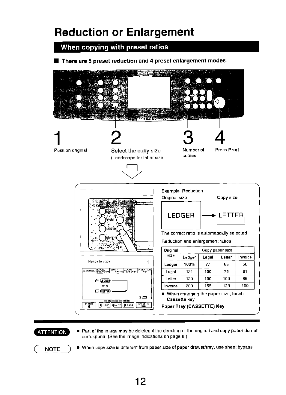 Reduction or enlargement, When copying with preset ratios | Panasonic FP7750 User Manual | Page 12 / 64