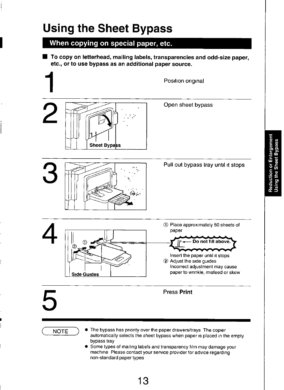 Using the sheet bypass, When copying on special paper, etc, Open sheet bypass | Pull out bypass tray until it stops | Panasonic FP7750 User Manual | Page 13 / 64