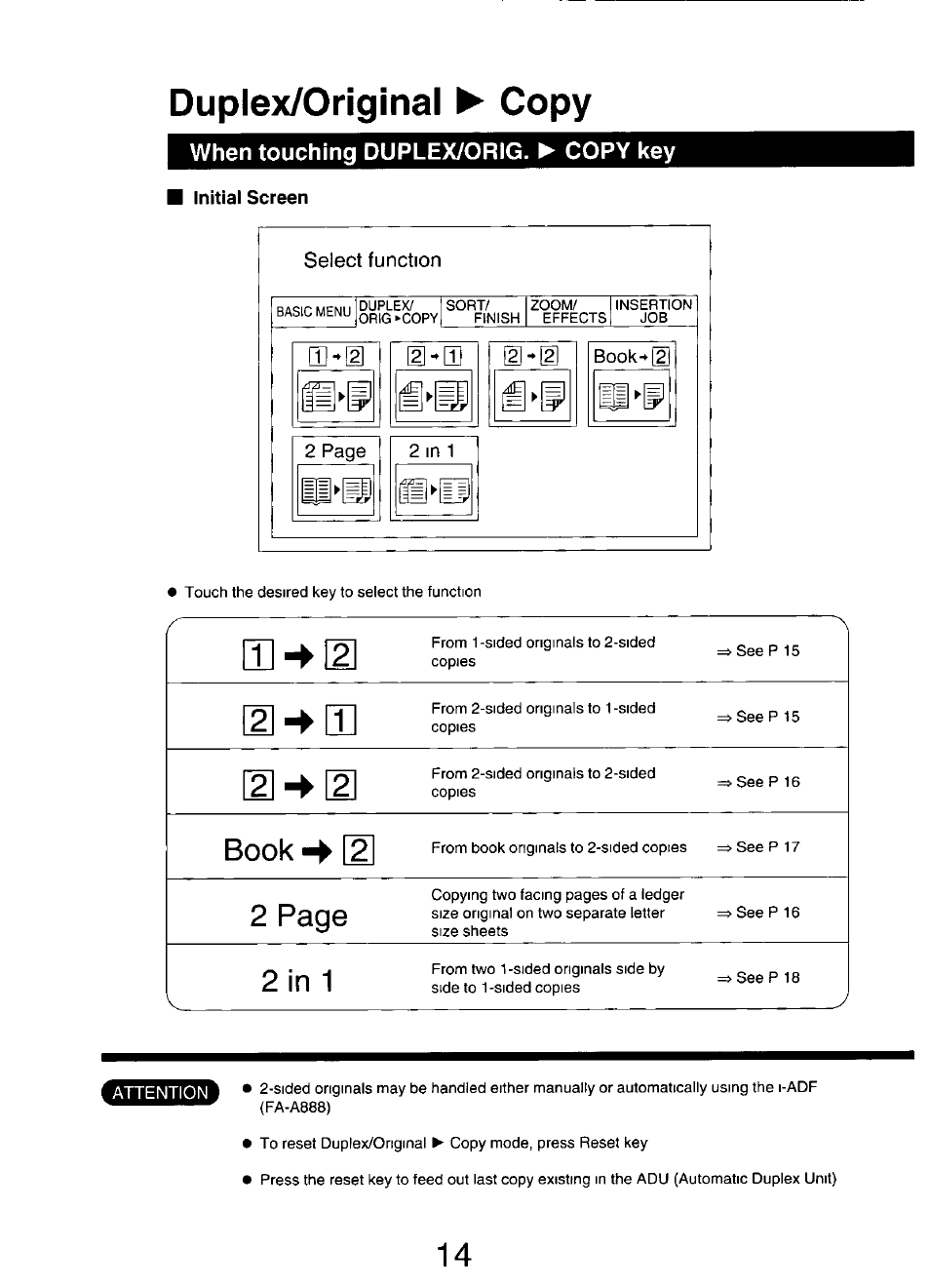 When touching duplex/orig. ► copy key, Initial screen, Duplex/original ^ copy | Bookii^ 2, 2 psq, 2 in 1 | Panasonic FP7750 User Manual | Page 14 / 64