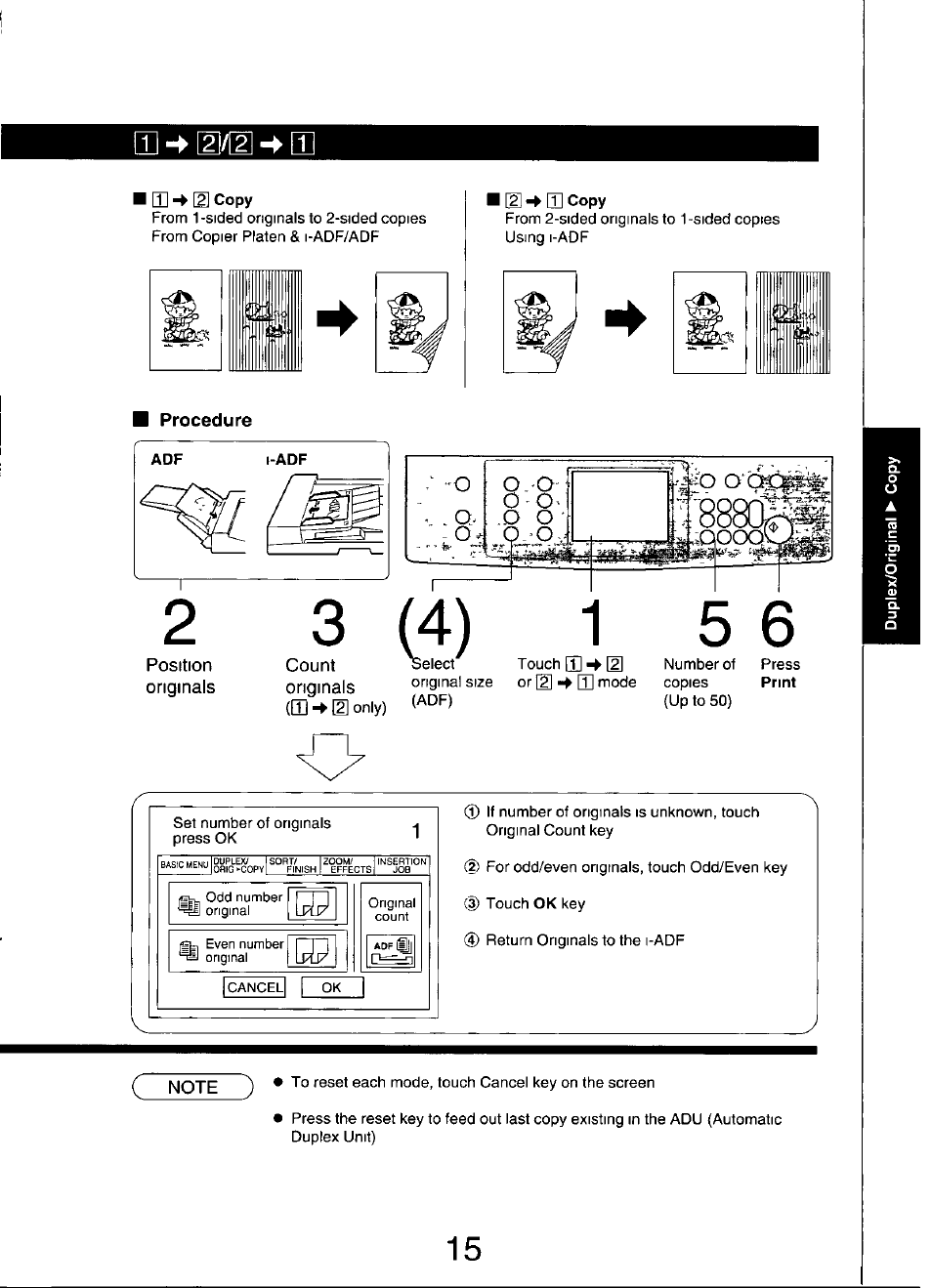 Procedure, Position, Originals | Count originals, Dl -► e)/[2] -► d, M-»el | Panasonic FP7750 User Manual | Page 15 / 64