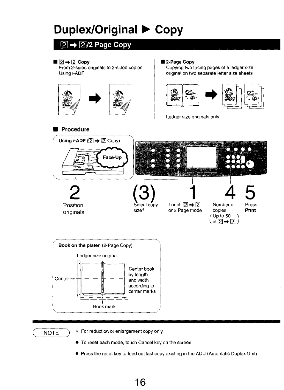 Procedure, Position, Originals | Duplex/original ^ copy, Ei/2 page copy | Panasonic FP7750 User Manual | Page 16 / 64