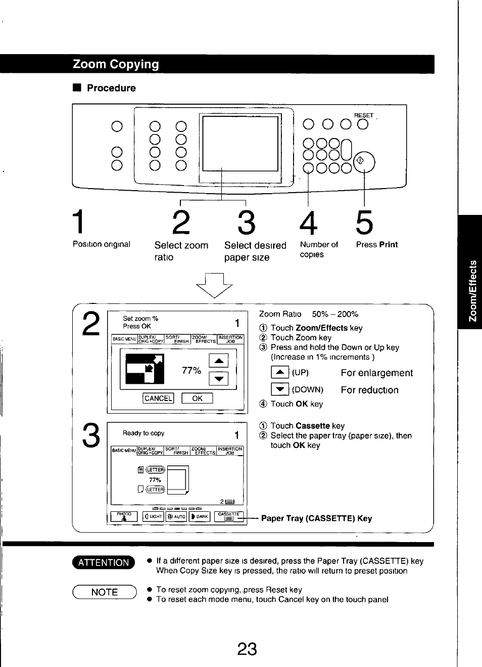 Zoom copying, Select zoom ratio, Select desired paper size | R^(up), For enlargement for reduction | Panasonic FP7750 User Manual | Page 23 / 64