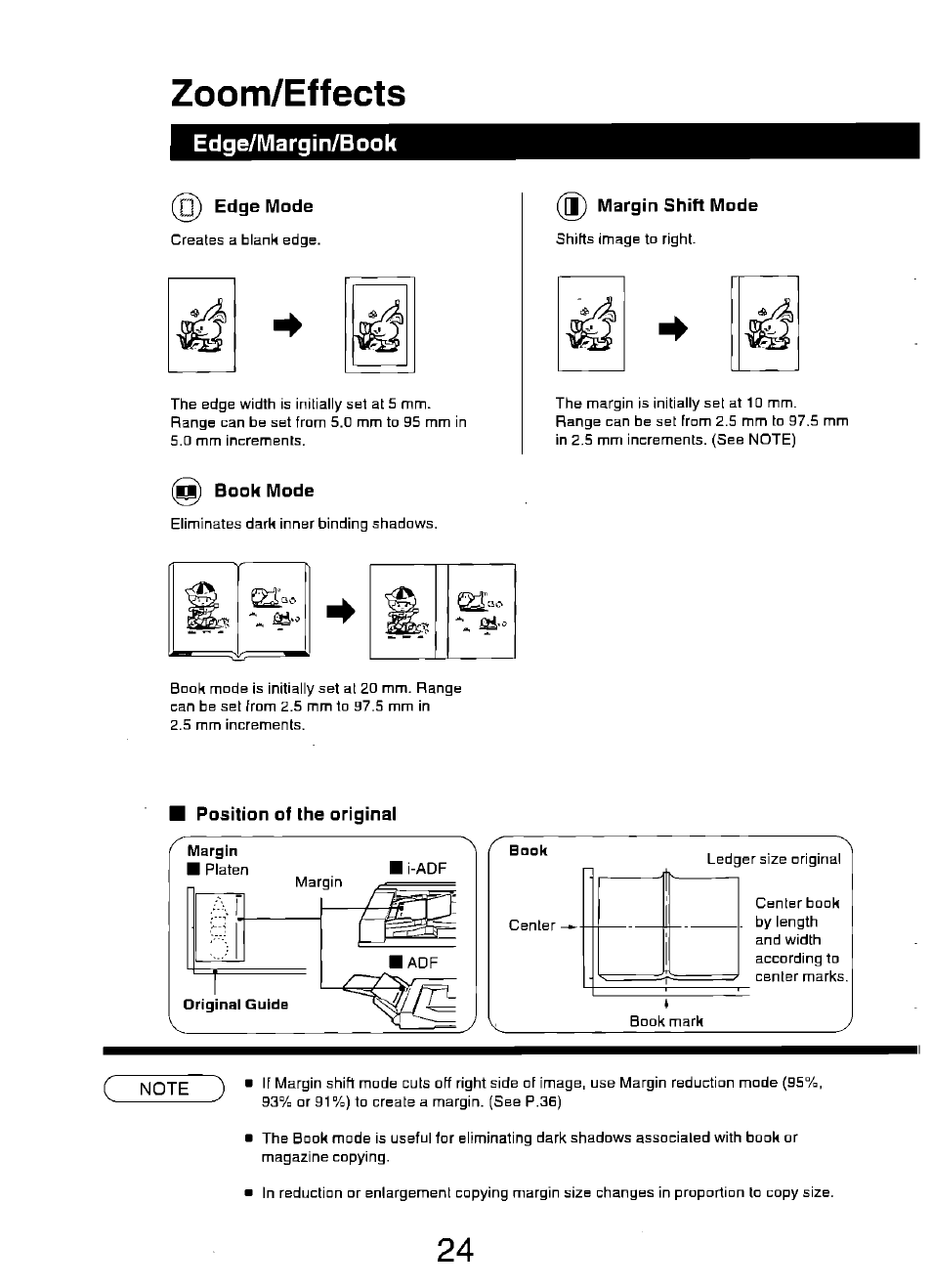 Zoom/effects, Edge/margin/book | Panasonic FP7750 User Manual | Page 24 / 64