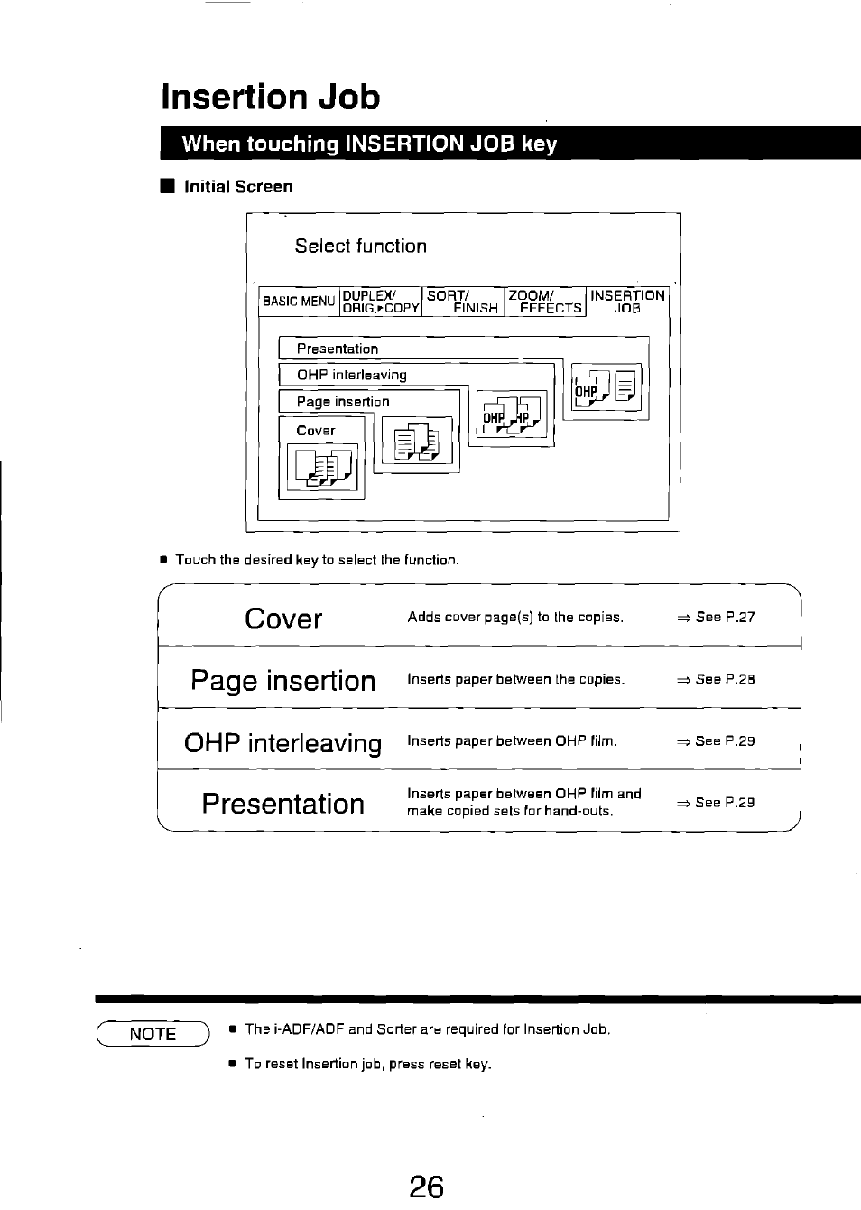 Insertion job, When touching insertion job key, Cover | Page insertion, Ohp interleaving, Presentation | Panasonic FP7750 User Manual | Page 26 / 64
