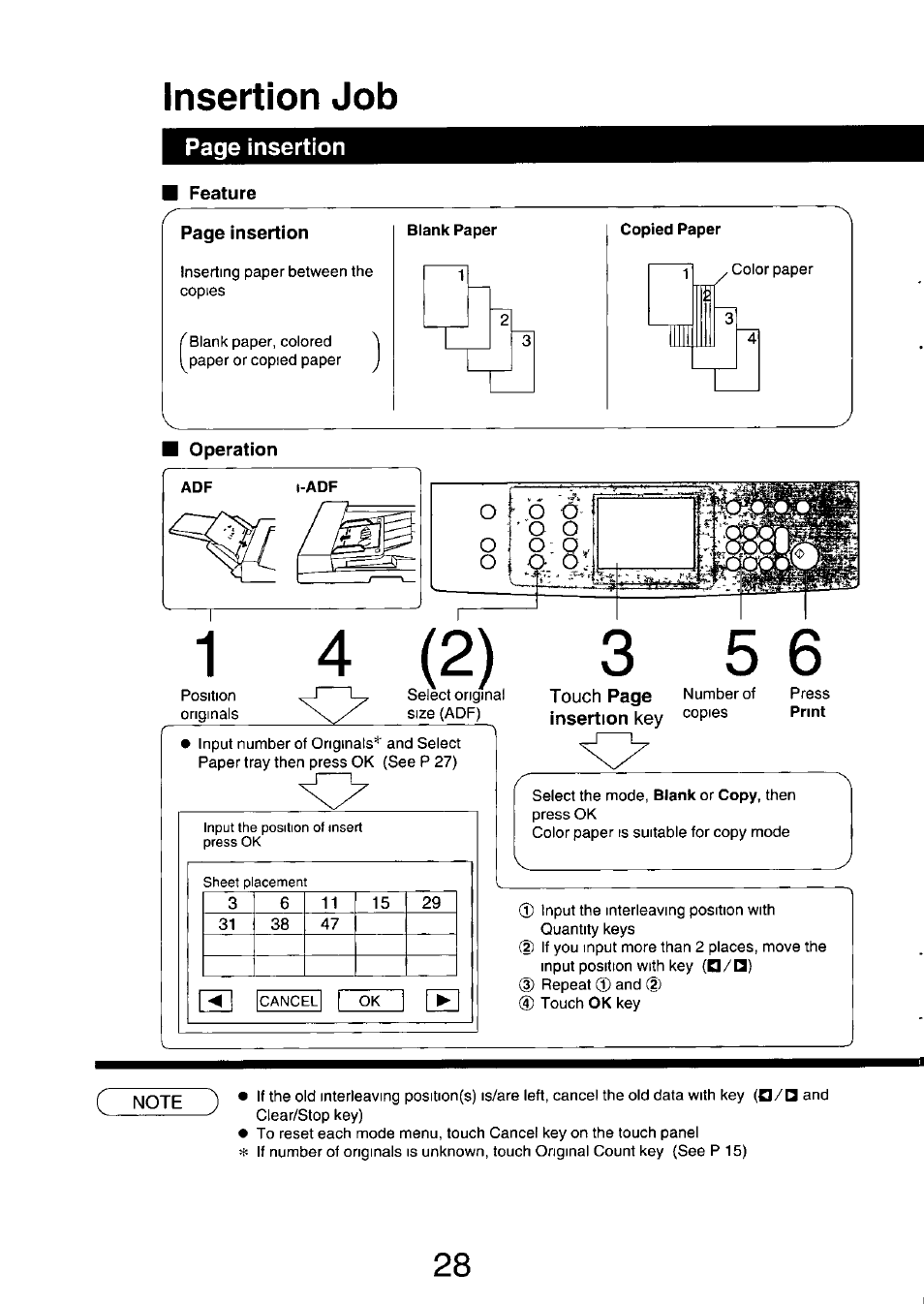 Insertion job, Operation, Insertion key | Page insertion, Feature | Panasonic FP7750 User Manual | Page 28 / 64