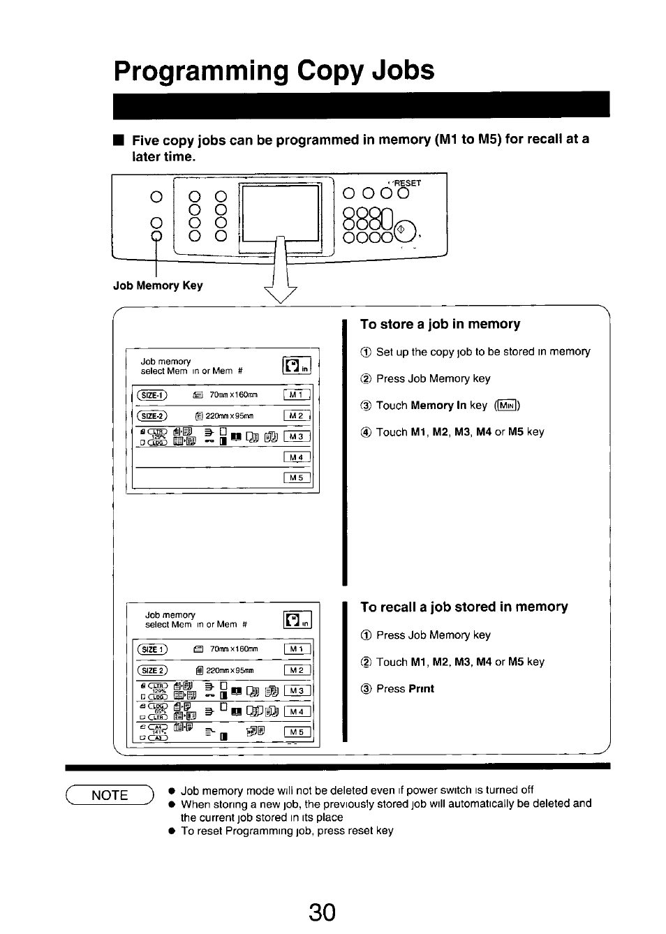 Programming copy jobs, To store a job in memory, To recall a job stored in memory | D^ mm " ■ p, De) mm | Panasonic FP7750 User Manual | Page 30 / 64