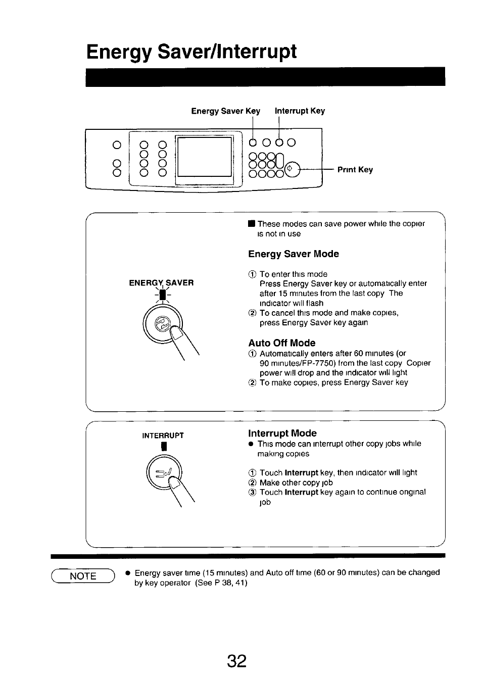 Energy saver/interrupt, Energy saver mode, Auto off mode | Interrupt mode | Panasonic FP7750 User Manual | Page 32 / 64