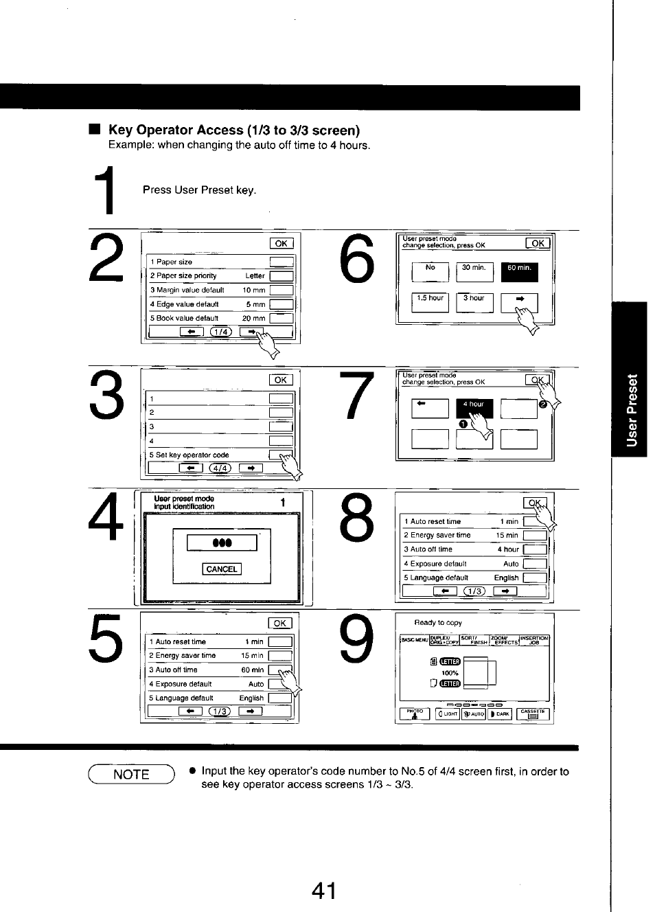 Key operator access (1/3 to 3/3 screen) | Panasonic FP7750 User Manual | Page 41 / 64
