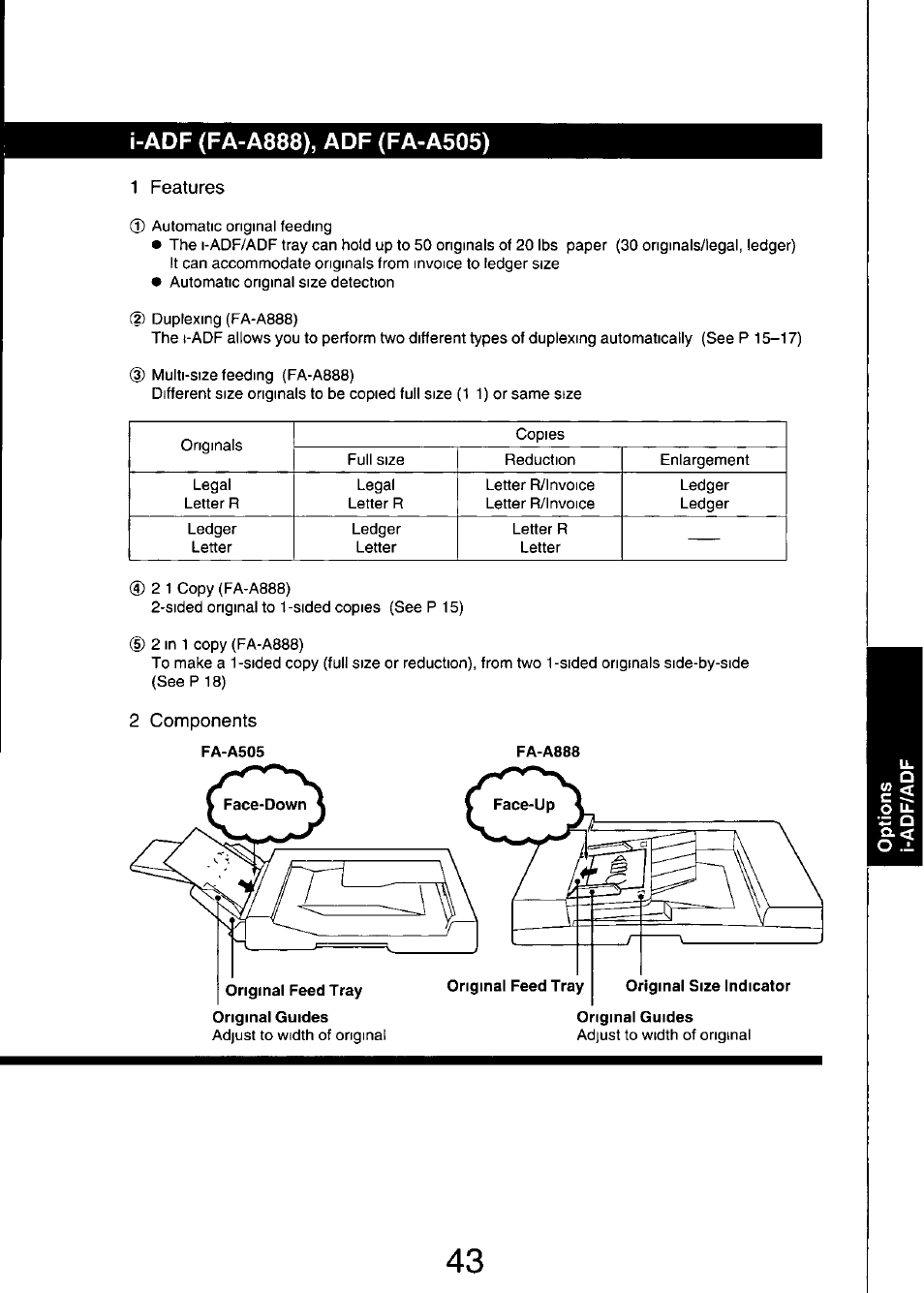 I-adf (fa-a888), adf (fa-a505), 1 features, 2 components | Fa-a505 | Panasonic FP7750 User Manual | Page 43 / 64