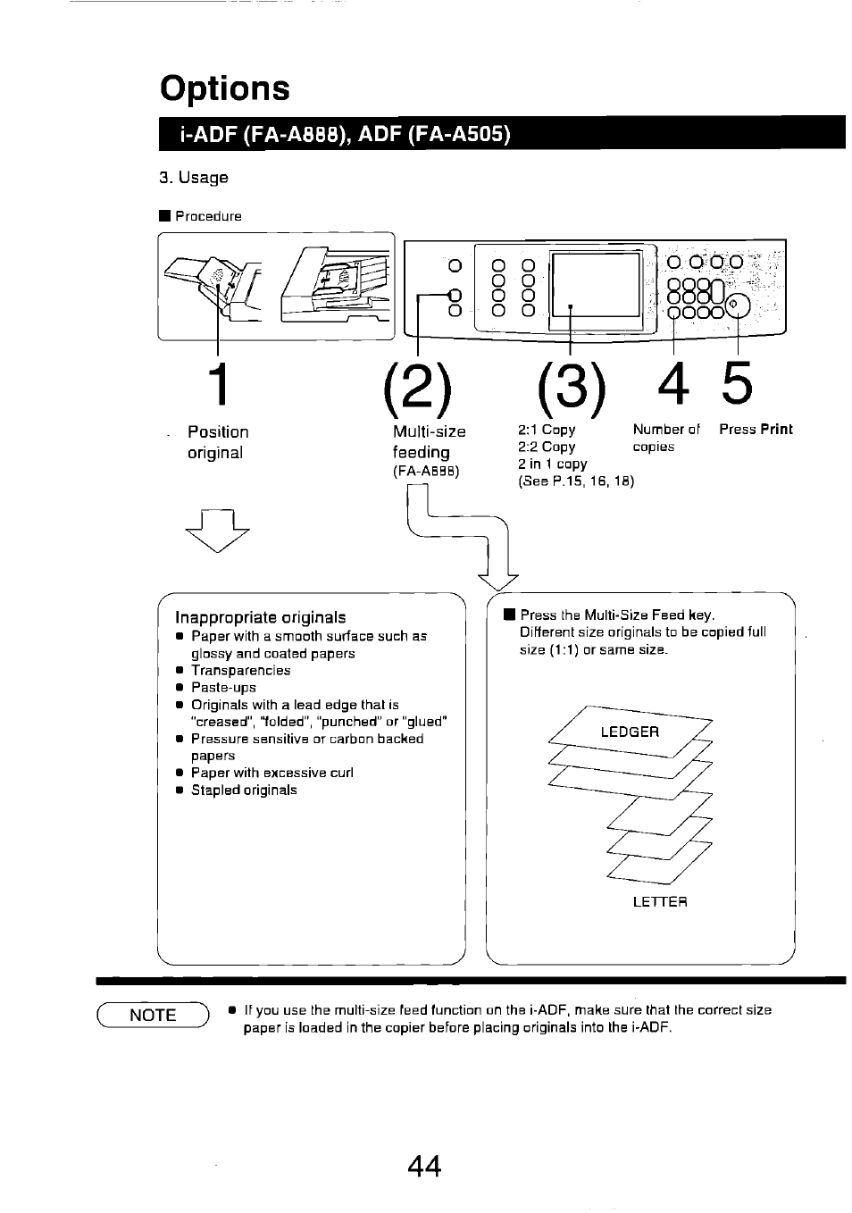 I-adf (fa-a8bb), adf (fa-a505), Options | Panasonic FP7750 User Manual | Page 44 / 64