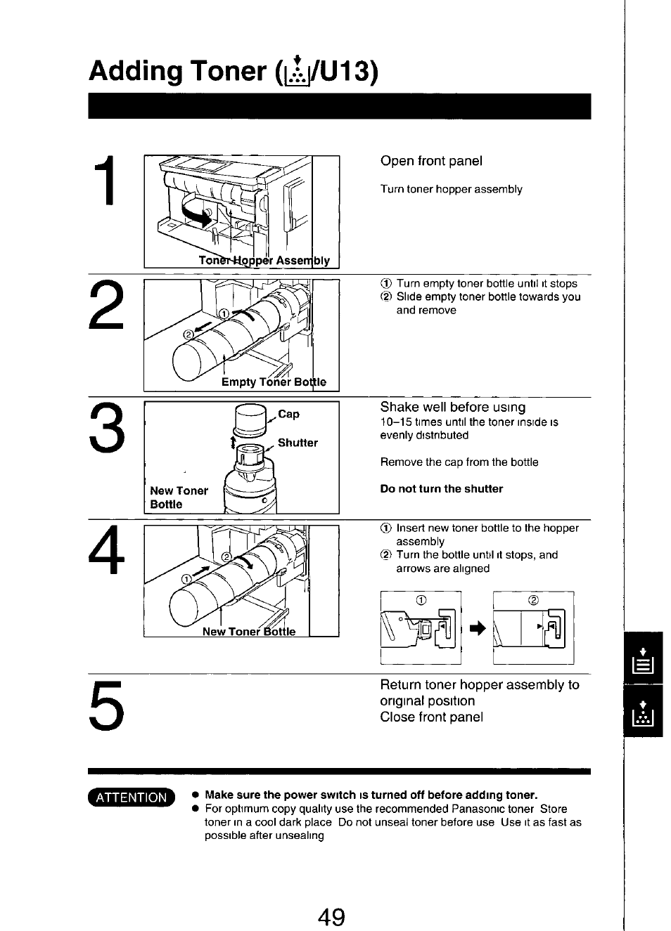 Adding toner (iaj/u13) | Panasonic FP7750 User Manual | Page 49 / 64