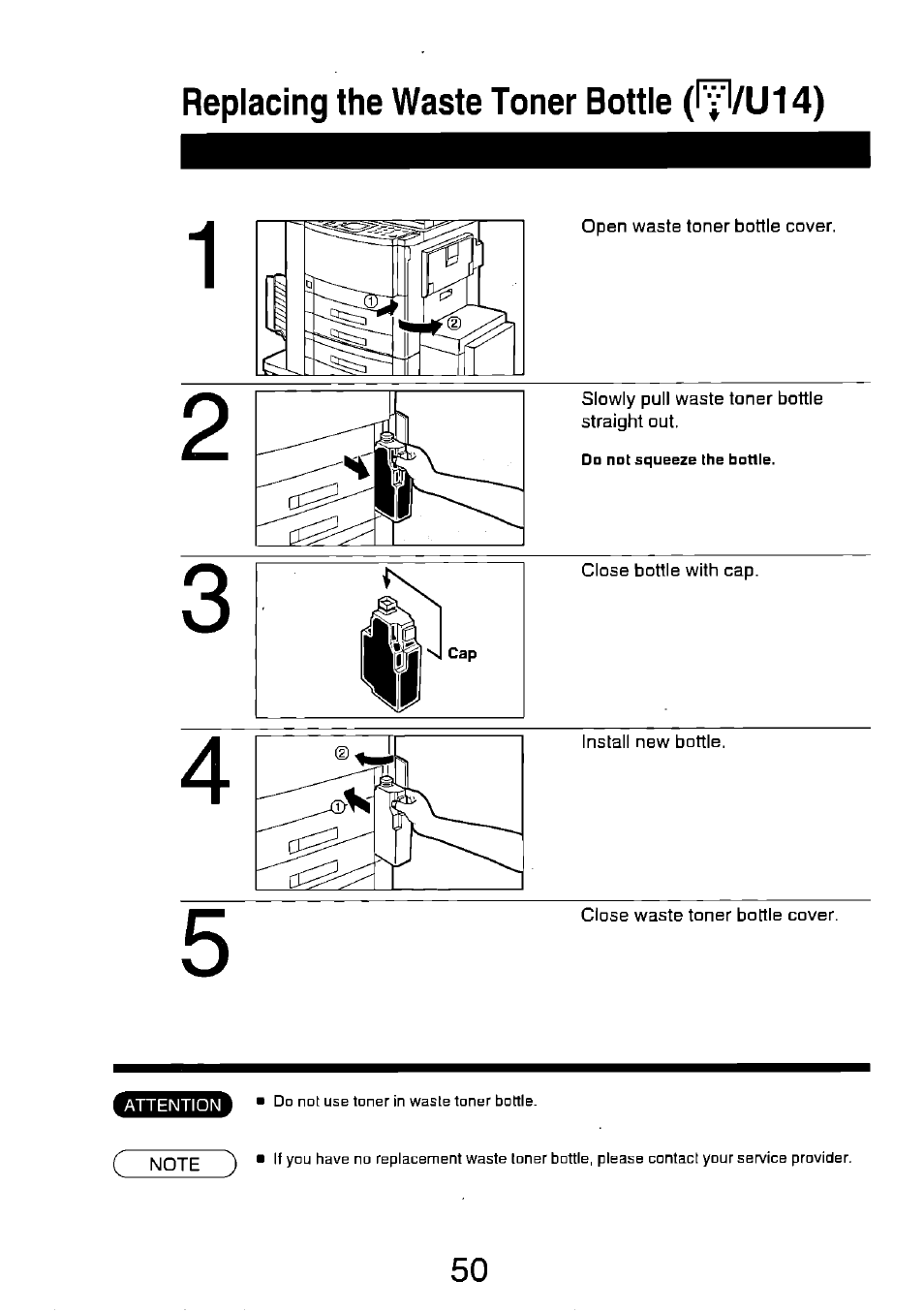 Replacing the waste toner bottle (ìy1/u14) | Panasonic FP7750 User Manual | Page 50 / 64