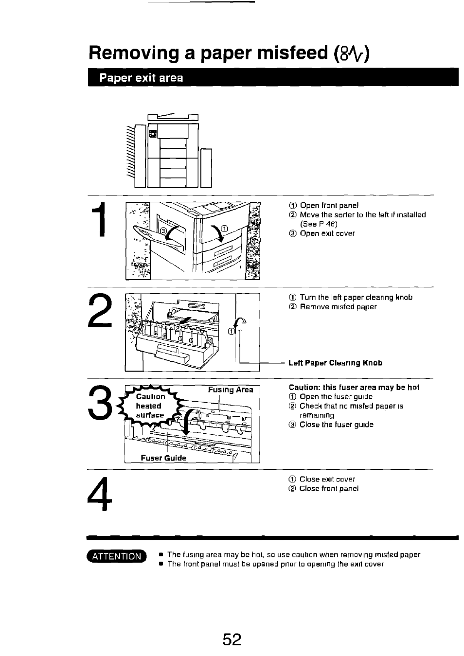 Paper exit area, Caution: this fuser area may be hot, Removing a paper misfeed (8a^) | Panasonic FP7750 User Manual | Page 52 / 64