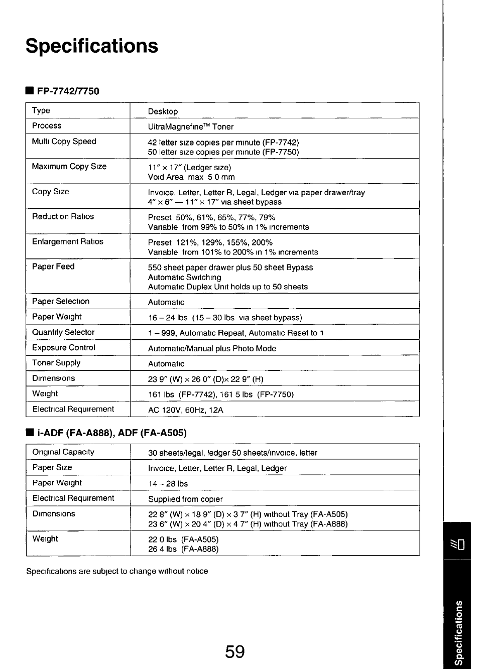 Specifications | Panasonic FP7750 User Manual | Page 59 / 64