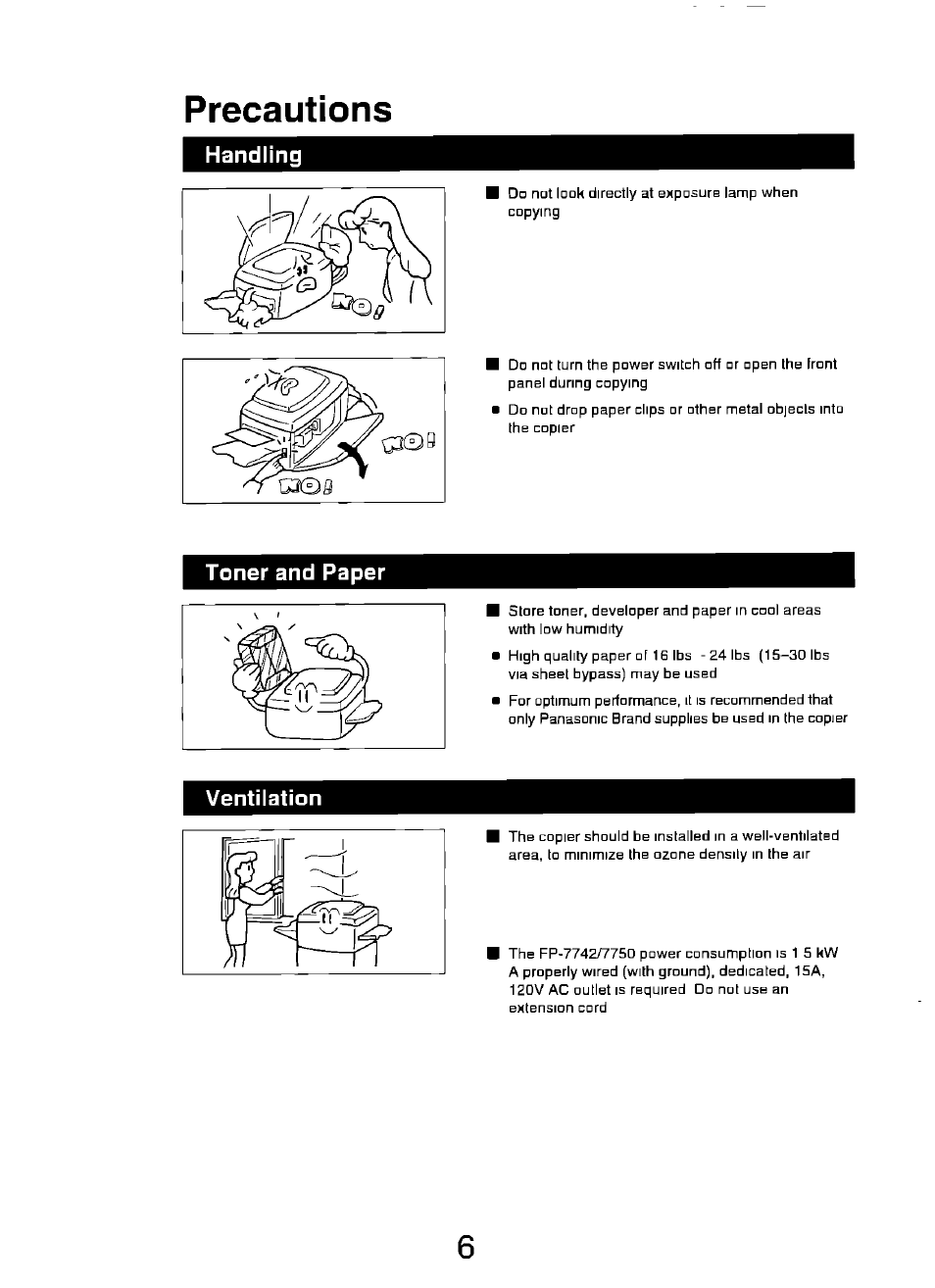 Precautions, Handling, Toner and paper | Ventilation | Panasonic FP7750 User Manual | Page 6 / 64