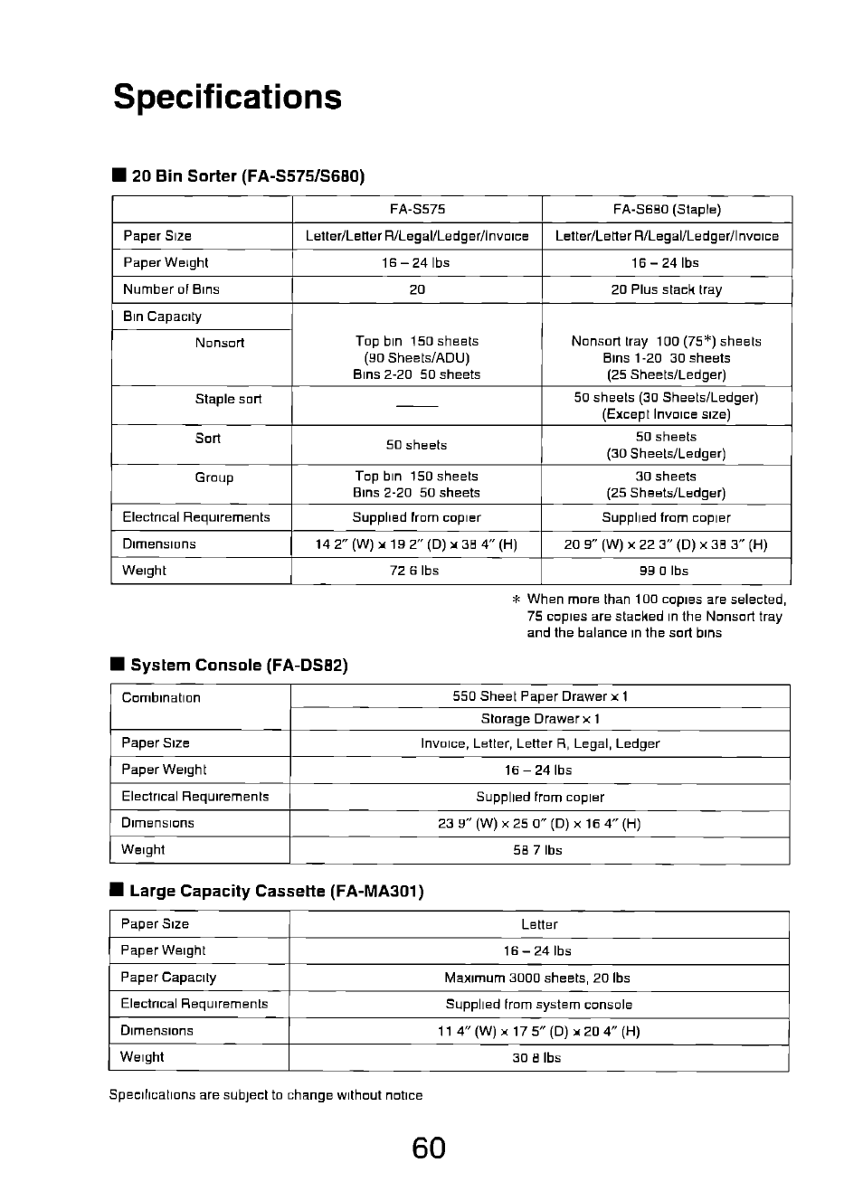 Specifications, System console (fa-dsb2), Large capacity cassette (fa-ma301) | Panasonic FP7750 User Manual | Page 60 / 64