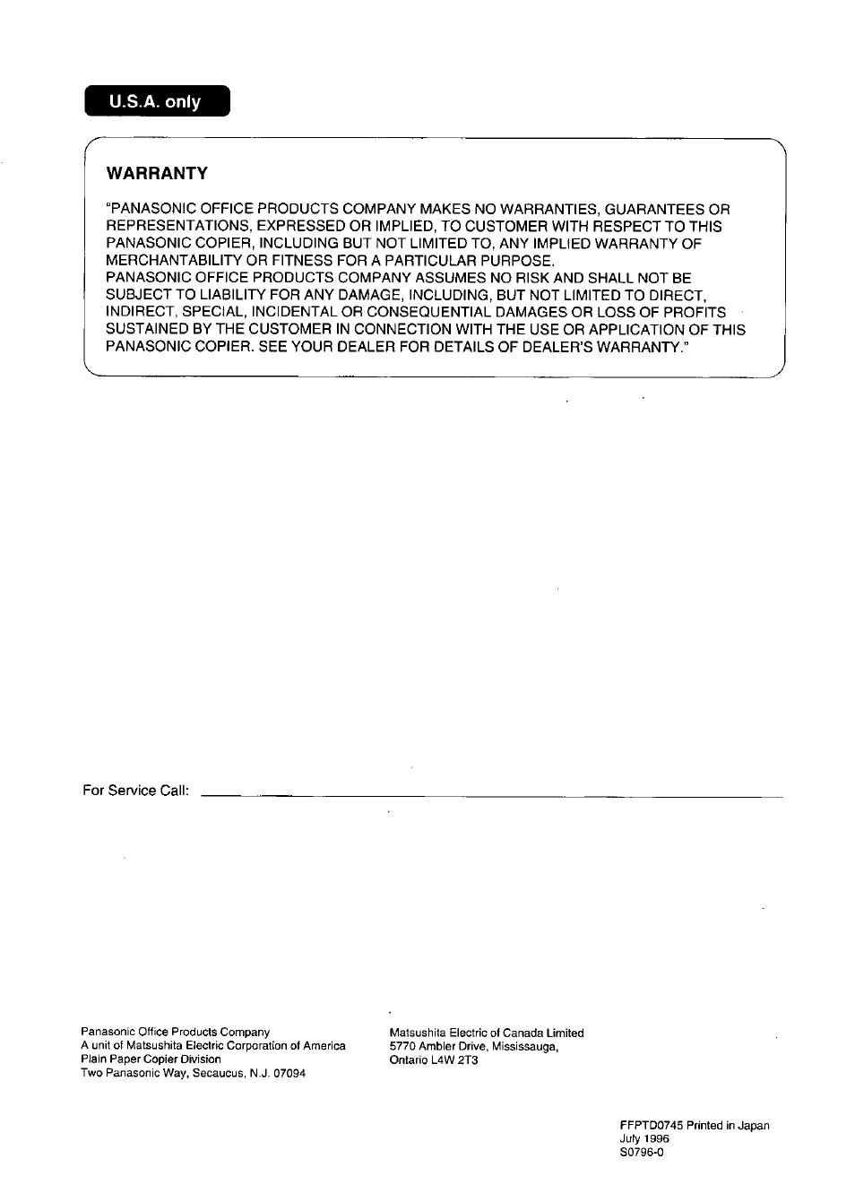 Warranty | Panasonic FP7750 User Manual | Page 64 / 64