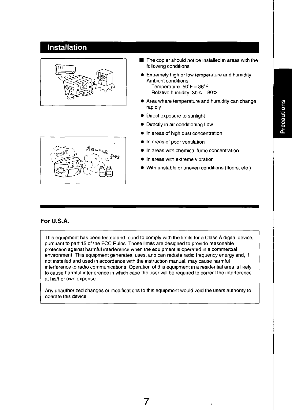 Installation, For u.s.a | Panasonic FP7750 User Manual | Page 7 / 64