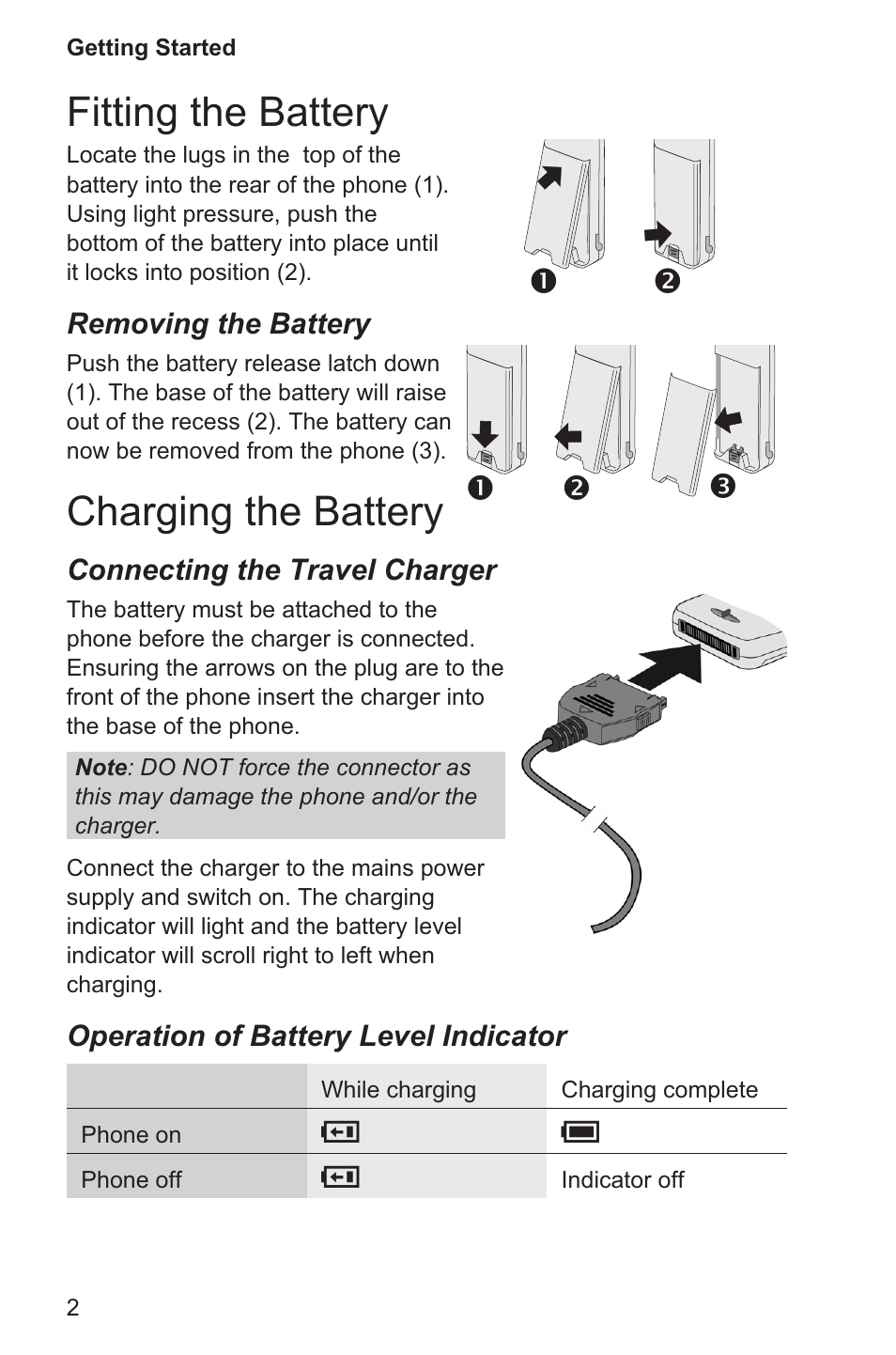 Fitting the battery 2, Charging the battery 2, Fitting the battery | Charging the battery | Panasonic EB-GD96 User Manual | Page 10 / 96
