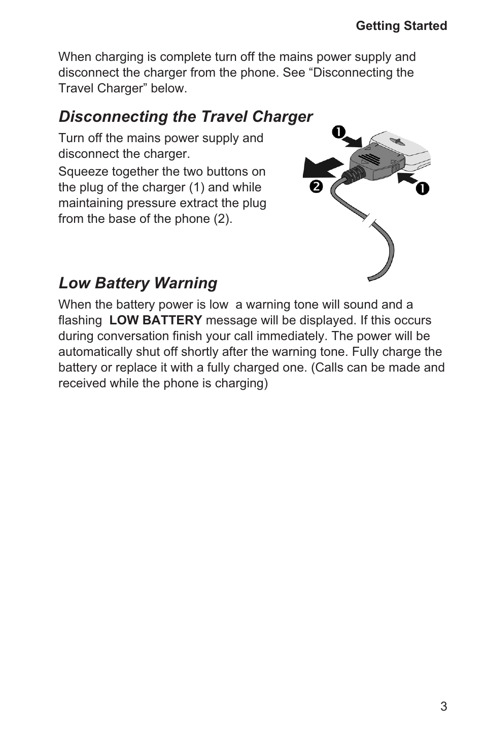 Disconnecting the travel charger, Low battery warning | Panasonic EB-GD96 User Manual | Page 11 / 96