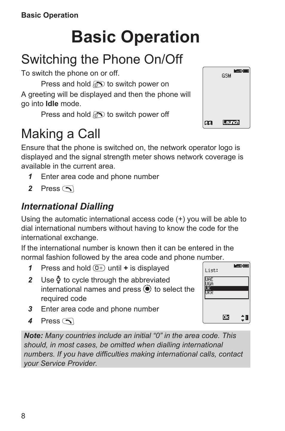 Basic operation 8, Switching the phone on/off 8, Making a call 8 | Basic operation, Switching the phone on/off, Making a call | Panasonic EB-GD96 User Manual | Page 16 / 96